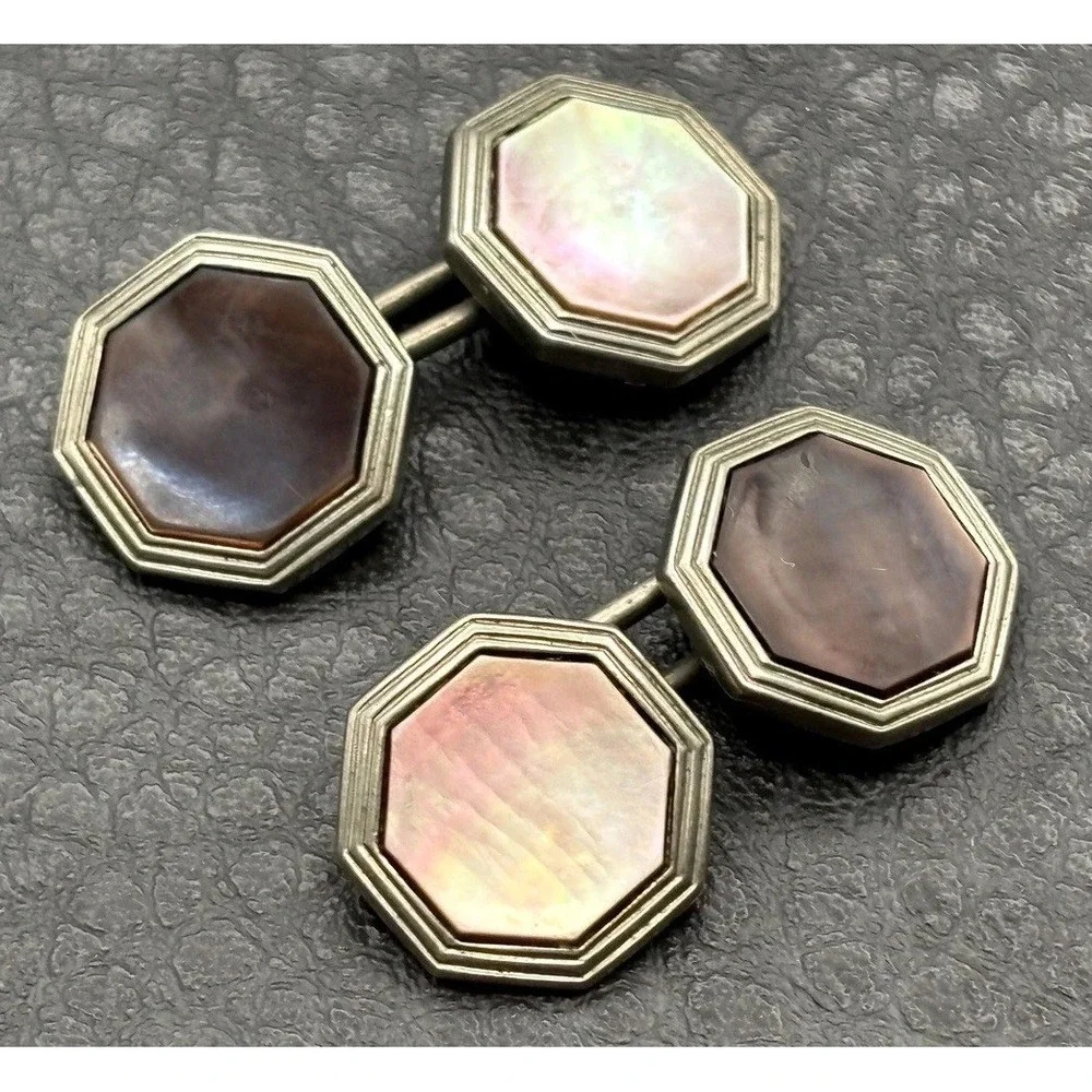 Vintage Art Deco Mother of Pearl Octagonal Cufflinks Silver Tone